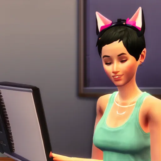 Image similar to cute woman wearing tank top and cat ears plays on computer, sims 4 graphics style