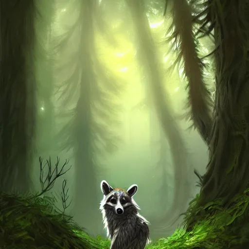 Image similar to a woodland druid in a forest with a wolf bird and racoon, photorealistic, in the style of greg rutkowski, digital painting