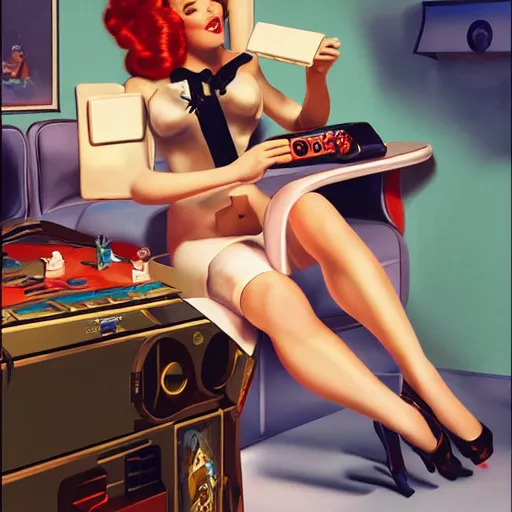 Prompt: a photograph of a pin up girl playing videogames, by Alberto Vargas, highly detailed and intricate, cinematic lighting 4k