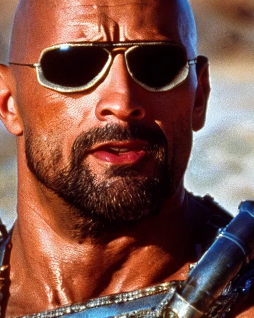 Prompt: film still close up shot of dwayne johnson as max rockatansky in the movie mad max 2 the road warrior. photographic, photography