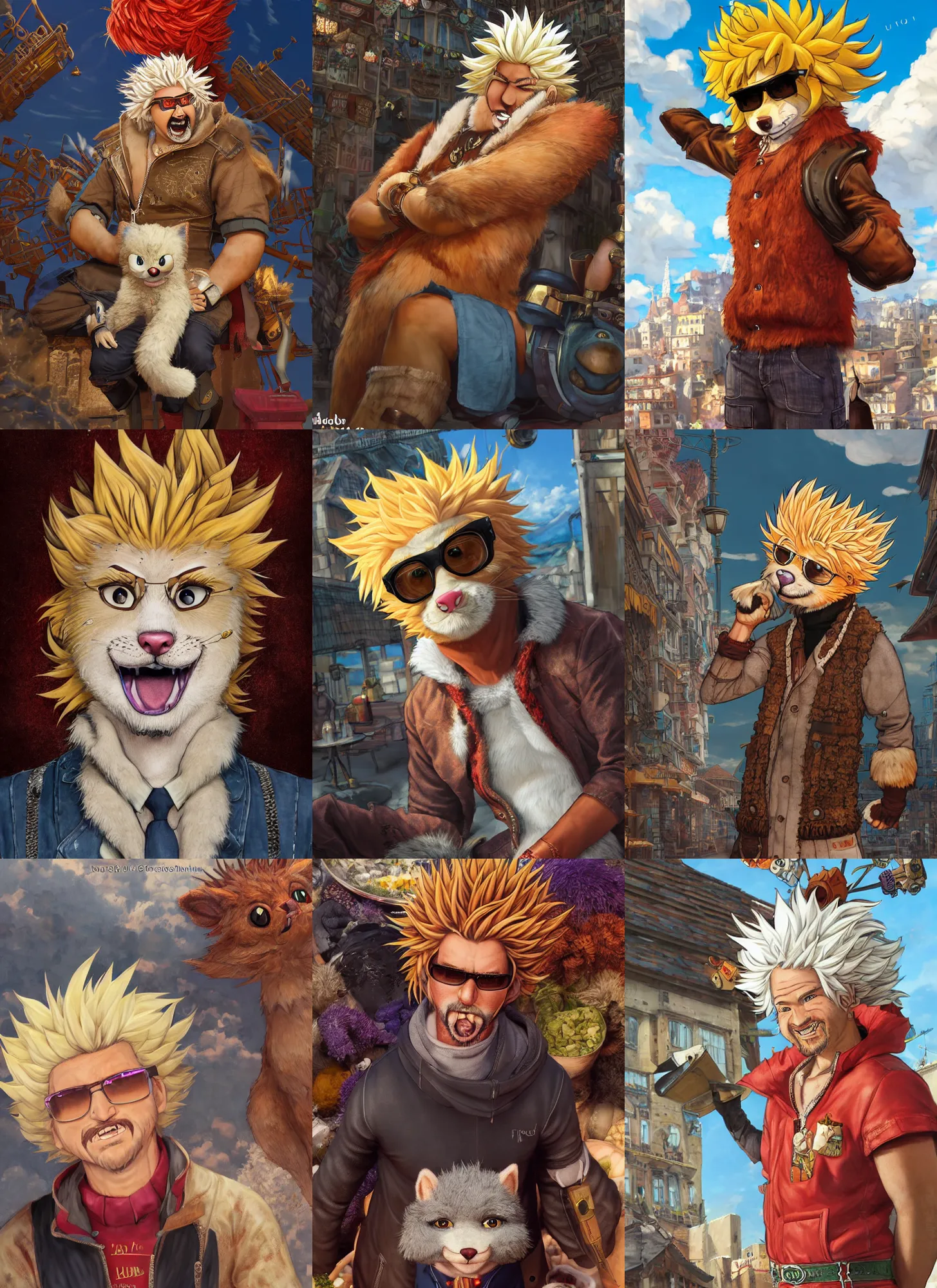 Prompt: furry fursona, character portrait of guy fieri with gorgeous detailed eyes in the marketplace in the sky, color page, tankoban, 4 k, tone mapping, doll, akihiko yoshida, james jean andrei riabovitchev marc simonetti, yoshitaka amano, long hair, curly, h. hydrochaeris