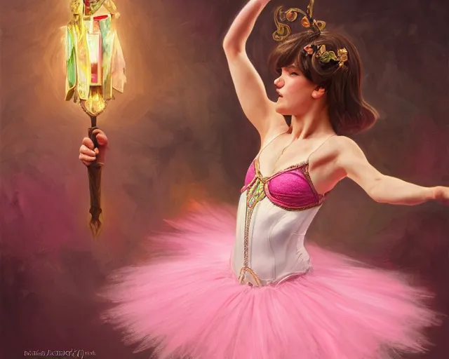 Image similar to photography of jack black dancing in a pink ballerina outfit, full body shot, deep focus, d & d and mtg, fantasy, intricate, elegant, highly detailed, digital painting, artstation, concept art, matte, sharp focus, illustration, hearthstone, art by artgerm and greg rutkowski and alphonse mucha