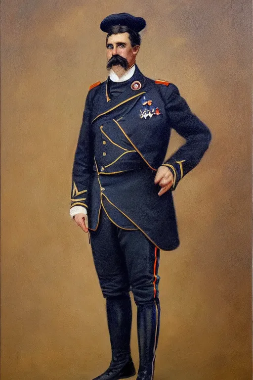 Image similar to full body portrait of the dictator of the oklahoma city thunder, 1 8 8 9, in full military garb, oil on canvas by william sidney mount, trending on artstation