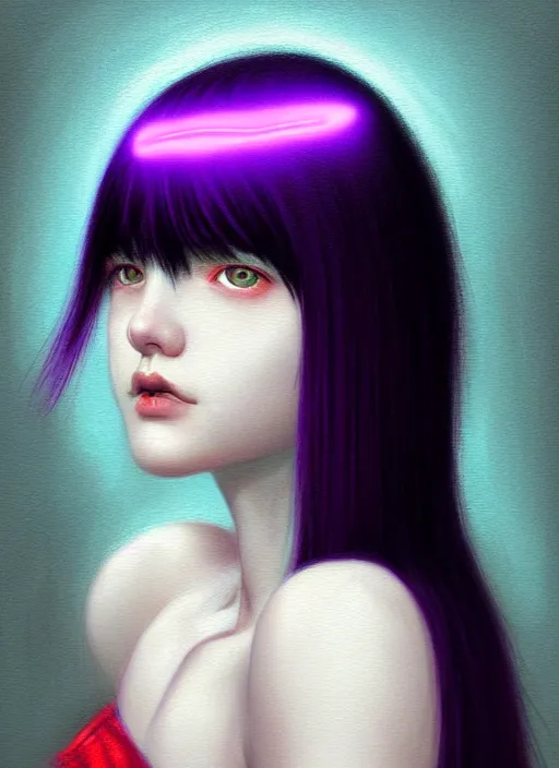 Image similar to portrait of teenage girl with white bangs, red irises, black hair, purple clothes, white bangs, bangs are different color from hair, intricate, front of hair is white rest is black, elegant, glowing lights, highly detailed, digital painting, artstation, concept art, smooth, sharp focus, illustration, art by wlop, mars ravelo and greg rutkowski