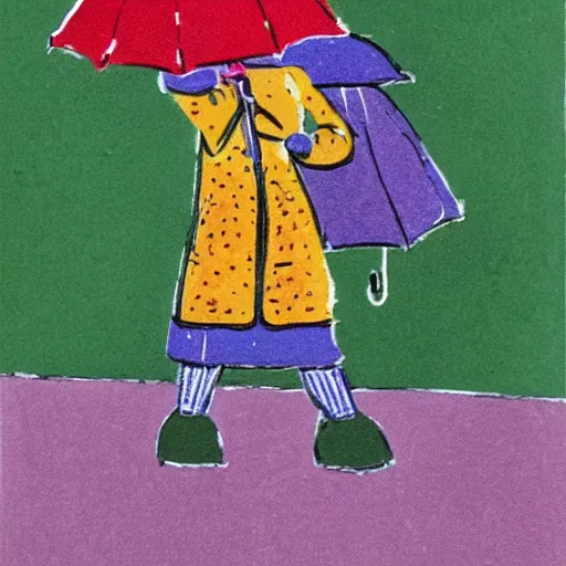 Prompt: vintage children’s illustration of girl walking in the rain holding an umbrella surrounded by puddles and wearing rain boots