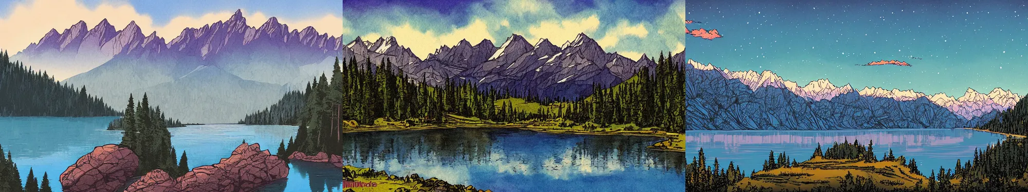 Prompt: lakeside mountains, by tim doyle