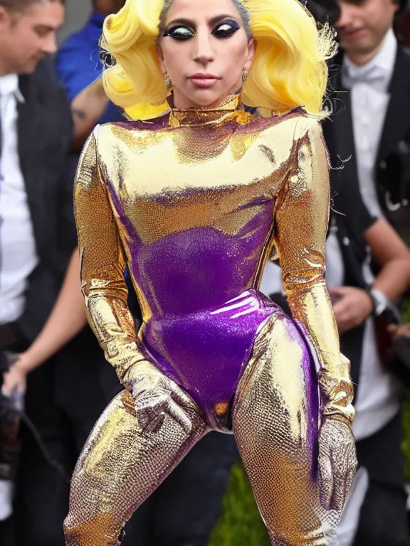 Prompt: sexy Lady Gaga wearing very tight Translucent metallic mirror chrome purple and gold latex crazy outfit Met Gala photoshoot