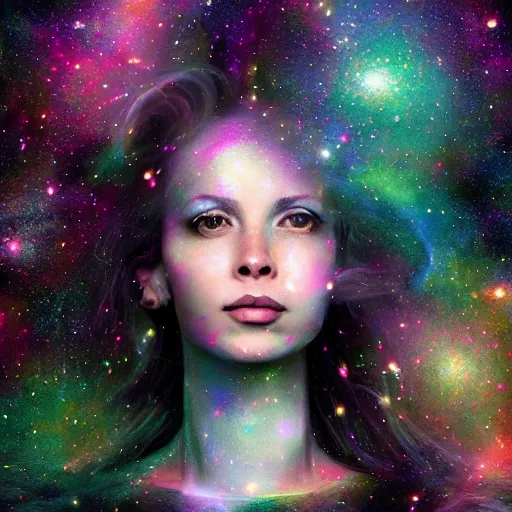 Image similar to woman portrait made out of galaxies floating in space, saturn, highly detailed, beautiful, realistic, tim burton comic book art, octane render, sharp focus