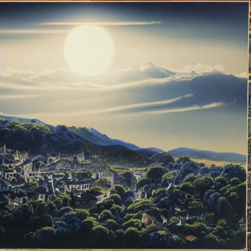 Image similar to dark solar eclipse, above a village, highly detailed, studio 4 k quality, by louise dahl - wolfe