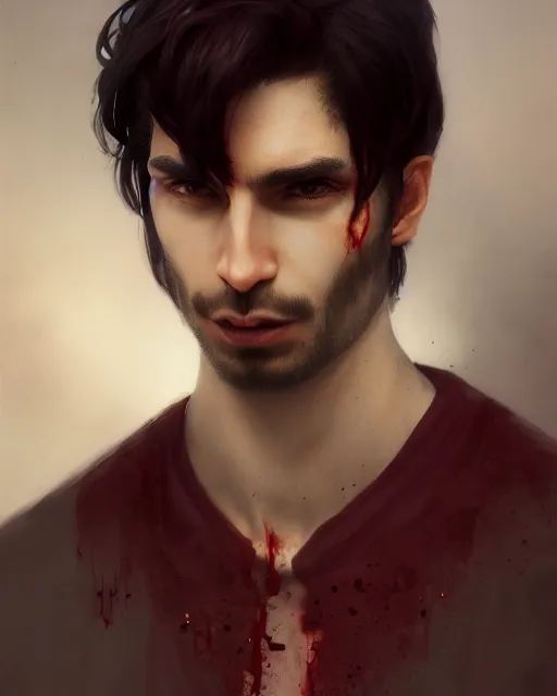 Image similar to 3 / 4 portrait, male vampire, brown skin, night, long dark red hair, dark blue shirt, beautiful, modern, bloodied mouth, jewelry, william bouguereau, rossdraws, greg rutkowski, super detailed, realistic, octane render, volumetric, cinematic, 8 k