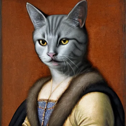 Image similar to a renaissance portrait painting of a grey cat, wearing a crown and cape, dark background,