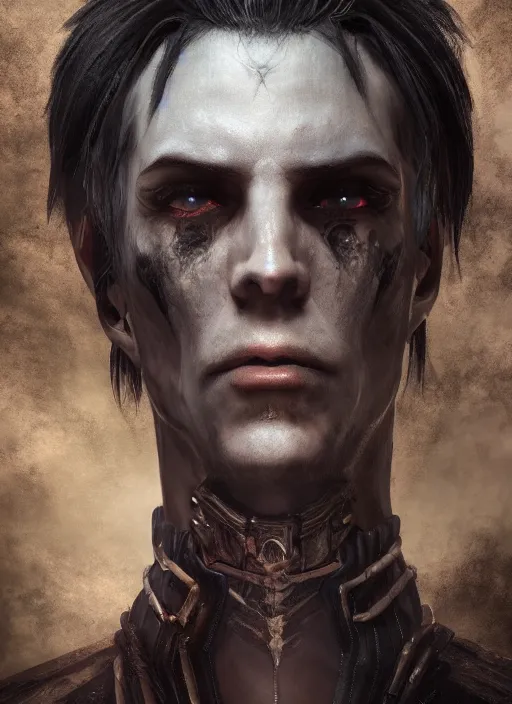 Image similar to A mixed media portrait painting of a male fantasy vampire necromancer in a atmospheric dark fortress, unreal 5, DAZ, hyperrealistic, octane render, RPG portrait, ambient light, dynamic lighting