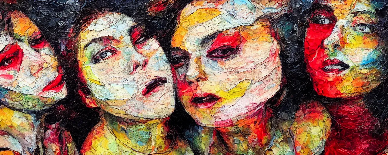 Prompt: two women kissing detailed and analogue mixed media collage with canvas texture in style of conteporary art, punk art, photorealistic, expressionism, masterpiece, perfect composition, hyperrealistic beautiful face, spectacular quality, intricate oil paint details