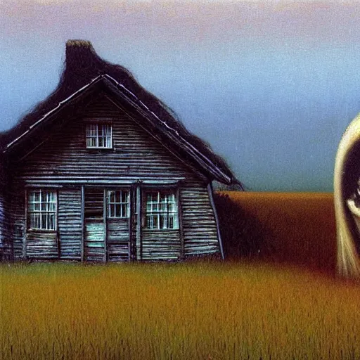 Image similar to An American house on a field with a skinwalker hidden oil painting in style of Zdislaw Beksinski