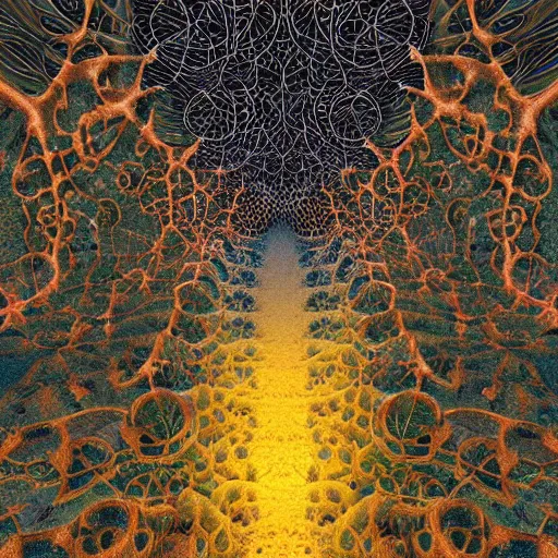 Prompt: polyphonic symphony of fungal bio - communications inside a surreal 3 d fractal temple made up of organic fungal mushroom and mycelium, bioluminescent surfaces, inspired by benoit mandelbrot, james jean & agostino arrivabene