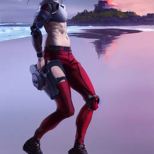 Prompt: full body character deisgn by artgerm, yoji shinkawa, greg rutkowski. cute russian cyborg scarlet red haired woman, steel gray body, denim shorts, cropped shirt with jacket, beach sunset background, soft smile, bold pose, 8 k ultra detailed, elegant, octane render, voluptuous proportions