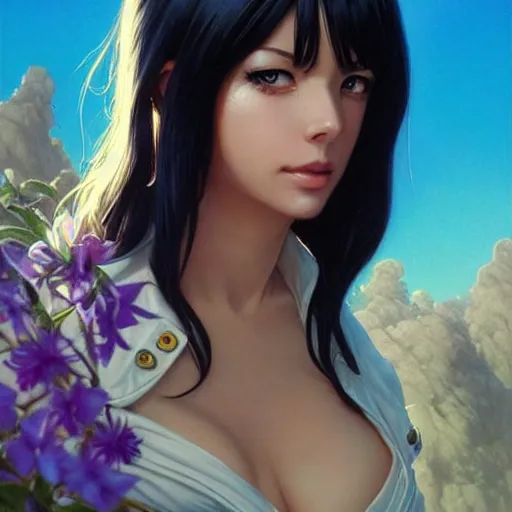 Image similar to highly detailed vfx portrait of nico robin by eiichiro oda!, stephen bliss, greg rutkowski, loish, rhads, beeple, makoto shinkai, tom bagshaw, alphonse mucha, sharp focus, art by artgerm and greg rutkowski, stanley kubrick, backlit, harsh overhead sunlight, blue eyes!!!,