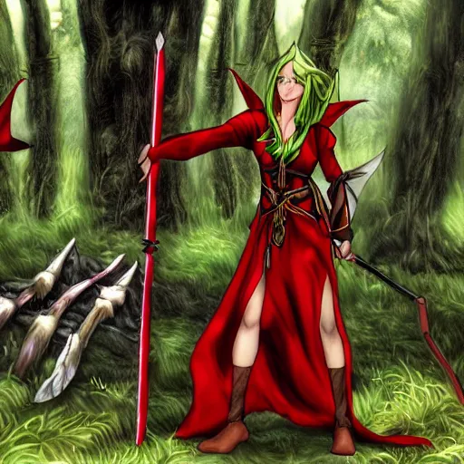 Image similar to a photo of an elven high mage with a staff having a magic standoff with a succubus demon in a magical forest. The demon is mostly red and black colored, and is armored. The elf wears robes.