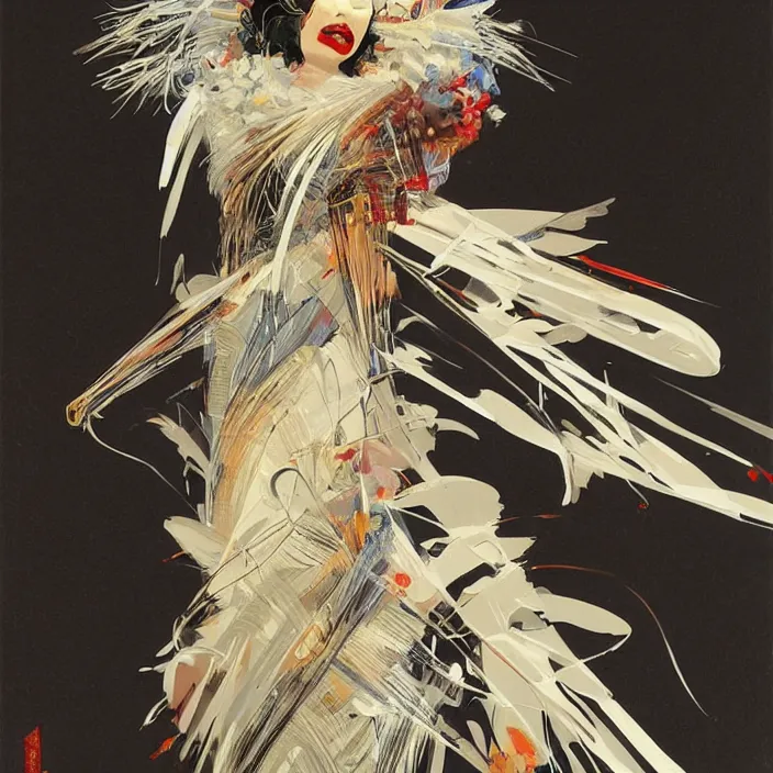 Image similar to feathered geisha, full body, high fashion, futurist, aerodynamic, fragile, intricate, slick, highly detailed, digital painting, neotenous, concept art, smooth, sharp focus, hd, art by syd mead and john berkey and annie leibovitz