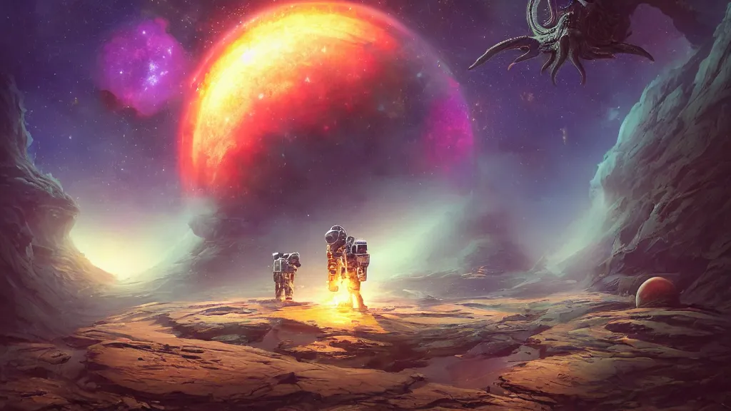 Prompt: Astronauts have a treasure with them, they are fighting with the giant Cthulhu that is hunting them, they have large blades, they are over the ring of the gas planet, this is an extravagant planet with wacky wildlife and some mythical animals, the background is full of nebulas and planets, the ambient is vivid and colorful with a terrifying atmosphere, by Jordan Grimmer digital art, trending on Artstation,