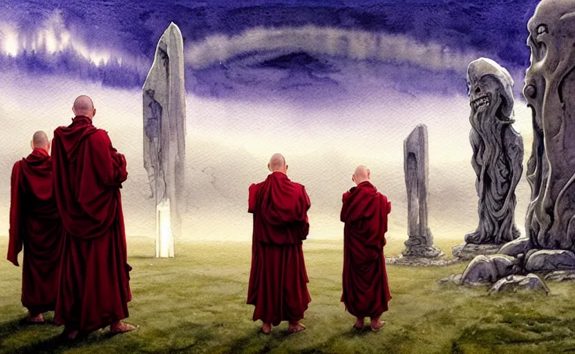 Image similar to a hyperrealist watercolour character concept art portrait of a group of irish monks kneeling down in prayer to a tall elegant lovecraftian alien on a misty night in stone henge. a battlecruiser starship is in the background. by rebecca guay, michael kaluta, charles vess and jean moebius giraud