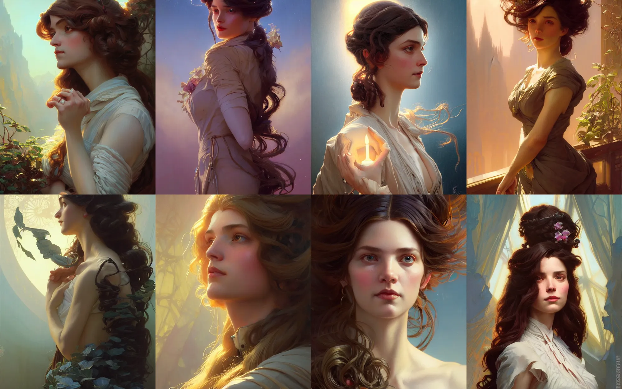 Prompt: sargent and leyendecker and greg hildebrandt highly detailed portrait of a dreamy woman with long hair, stephen bliss, unreal engine, by greg rutkowski, loish, ferdinand knab, ilya kuvshinov, rossdraws, tom bagshaw, alphonse mucha, global illumination, radiant light, detailed and intricate environment