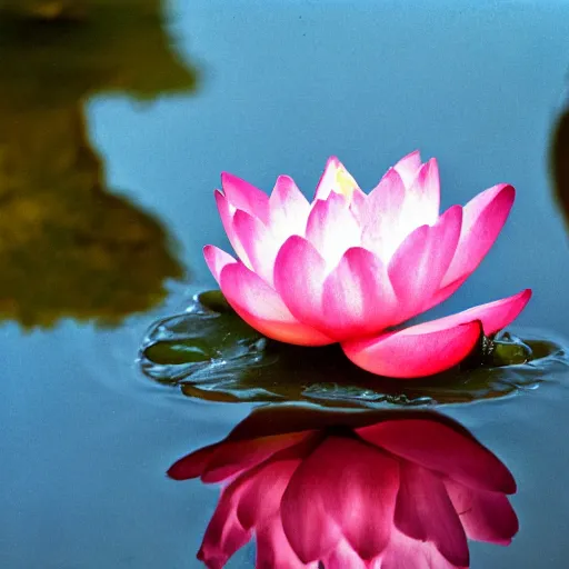 Prompt: 35mm photograph, kodachrome 160, beautiful Baroque rococo detailed Canon DSLR from 1800s, lotus blossom reflected in still water, bokeh,