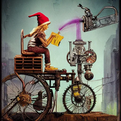 Image similar to Graffiti Spraypaint A gnome gnome riding a steampunk automaton clockwork golem golem jim lambie norman rockwell greg rutkowski alberto sughi elina brotherus robert rauschenberg tombow