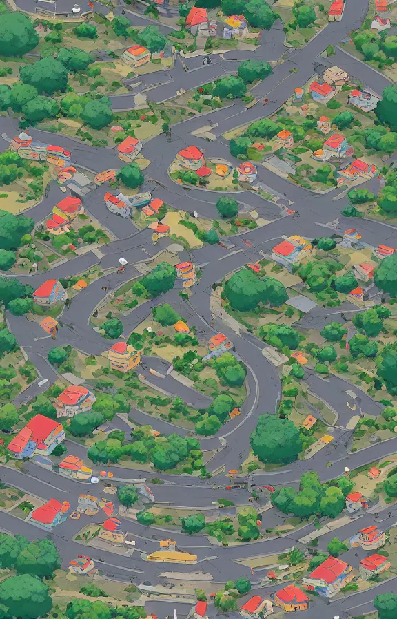 Prompt: house and roads on a mountain, sharp focus, james gilleard, akira toriyama, print, game art