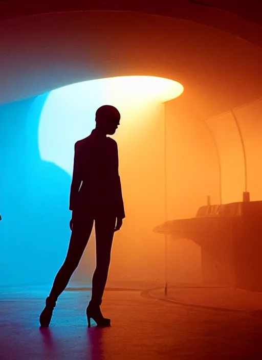 Prompt: a bright silhouette hovers above the ground inside of a hall. liminal, cozy, bladerunner 2 0 4 9 set design by alessandra querzola ( 1 9 8 8 )