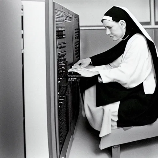 Image similar to award - winning photograph of a nun hunched over a computer while she hacks into the mainframe