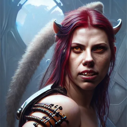 Image similar to portrait painting of a cyberpunk orc shaman extremely muscular ugly scarlett johansson with misshapen teeth, ultra realistic, concept art, intricate details, eerie, highly detailed, photorealistic, octane render, 8 k, unreal engine. art by artgerm and greg rutkowski and charlie bowater and magali villeneuve and alphonse mucha