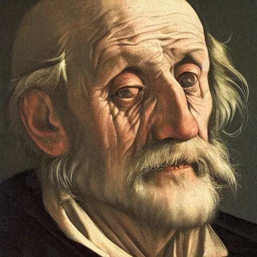 Prompt: hyper realistic portrait of a old man of the 16th century , drammatic Light , Art by Caravaggio