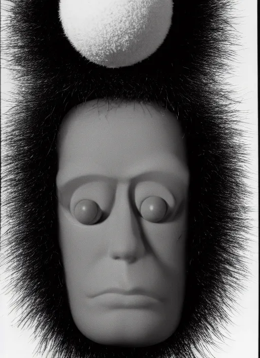 Image similar to realistic object photo of head made of black and white ping pong balls, hairy fluffy caterpillars, readymade, dadaism, fluxus, man ray, x - ray, electronic microscope 1 9 9 0, life magazine photo