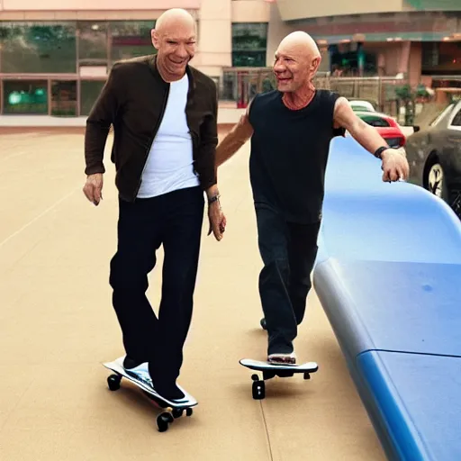 Image similar to kenny g and patrick stewart skateboarding at dave & busters, epic, cinematic, realism, ultra detailed, 8 k
