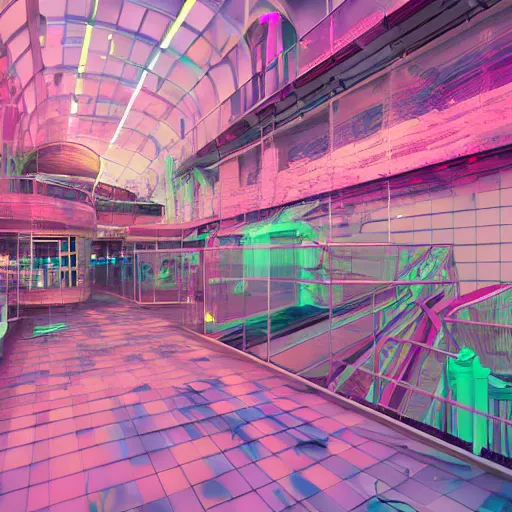 Prompt: biomaterial, architecture, futuristic, neon, pastel colors, hd 8 k, detailed, abandoned, overgrown, candy shop in a mall, candies, spilling