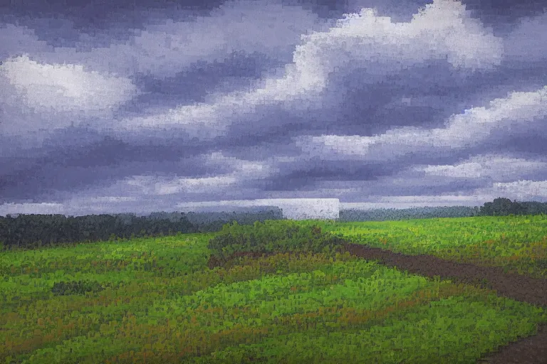 Prompt: landscape, summer, rain, evening, beautiful cloud, quiet, no people, sharp focus, intricate, trending on artstation, trending on deviantart, pixelart, pixelperfect, pixel art, pixel, color limit, nearest neighbor, hard edges