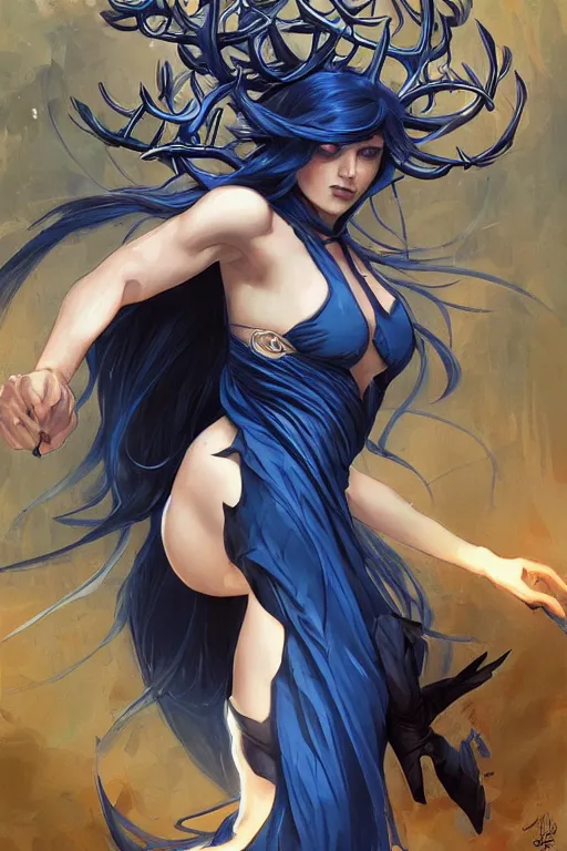 Prompt: fullbody!! dynamic action pose, beautiful woman with blue hair, big antlers on her head, long flowing black dress, dnd, face, fantasy, intricate, elegant, highly detailed, digital painting, artstation, concept art, smooth, sharp focus, illustration, art by artgerm and greg rutkowski and alphonse mucha