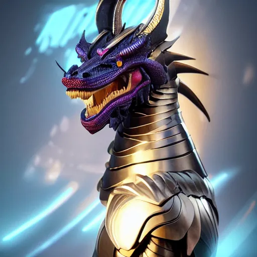 Image similar to bust of a beautiful majestic anthropomorphic humanoid robot female dragon, with smooth and streamlined armor, standing and posing elegantly, well detailed dragon head with epic LED eyes and a warm maw, sharp and dangerous sleek design, two arms, two legs, long tail, beautiful digital art, artstation, DeviantArt, FurAffinity, professional, octane render, sunset lighting