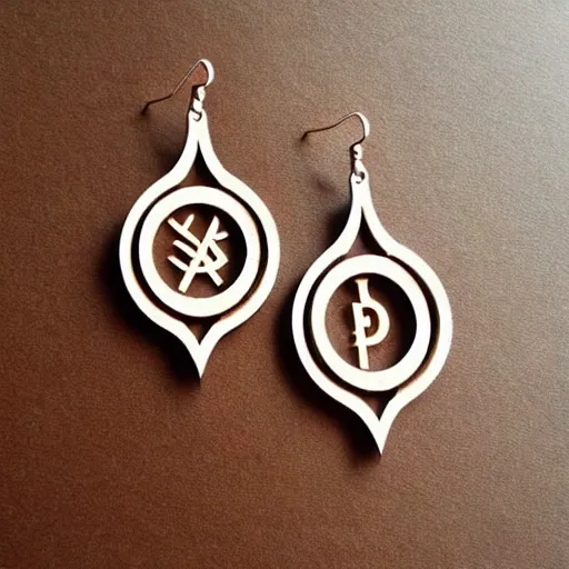 Image similar to 2 d wood lasercut earrings, mystical symbols, 8 k, hd, trending on amazon on artstation, trending on deviantart, trending on etsy, epic digital art