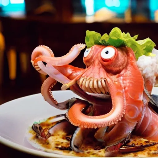 Prompt: octopuswith glasses laughing maniacally in front of a big seafood dish at a restaurant