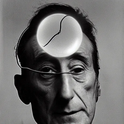 Image similar to Marcel Duchamp holding a light-producing sphere with cables attached, 35mm film, icon by Irving Penn