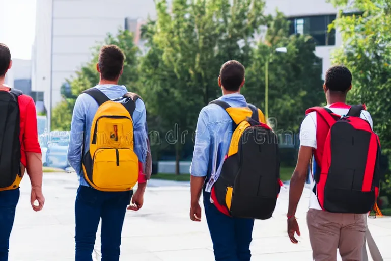 Prompt: generic modern day photo of men wearing backpacks about to board a college bus, stock photo, 8 5 mm