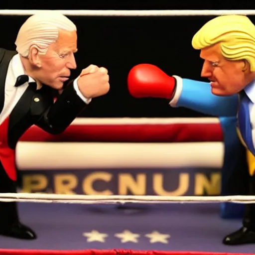 Prompt: joe biden and donald trump action figures fighting in a boxing ring