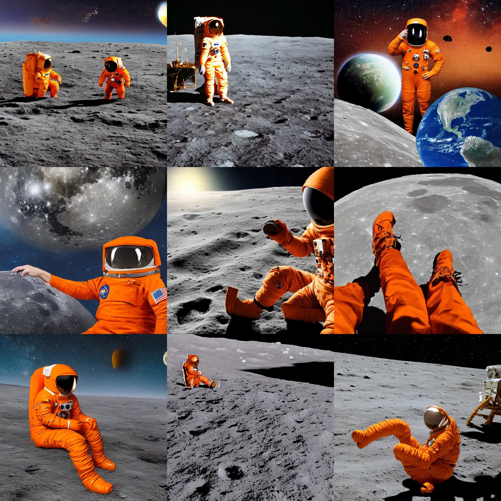 Prompt: a man wearing an orange astronaut suit sitting on the moon's surface, drinking a cup of tea and looking at the stars while the planet Earth it's been destroyed by a meteorite
