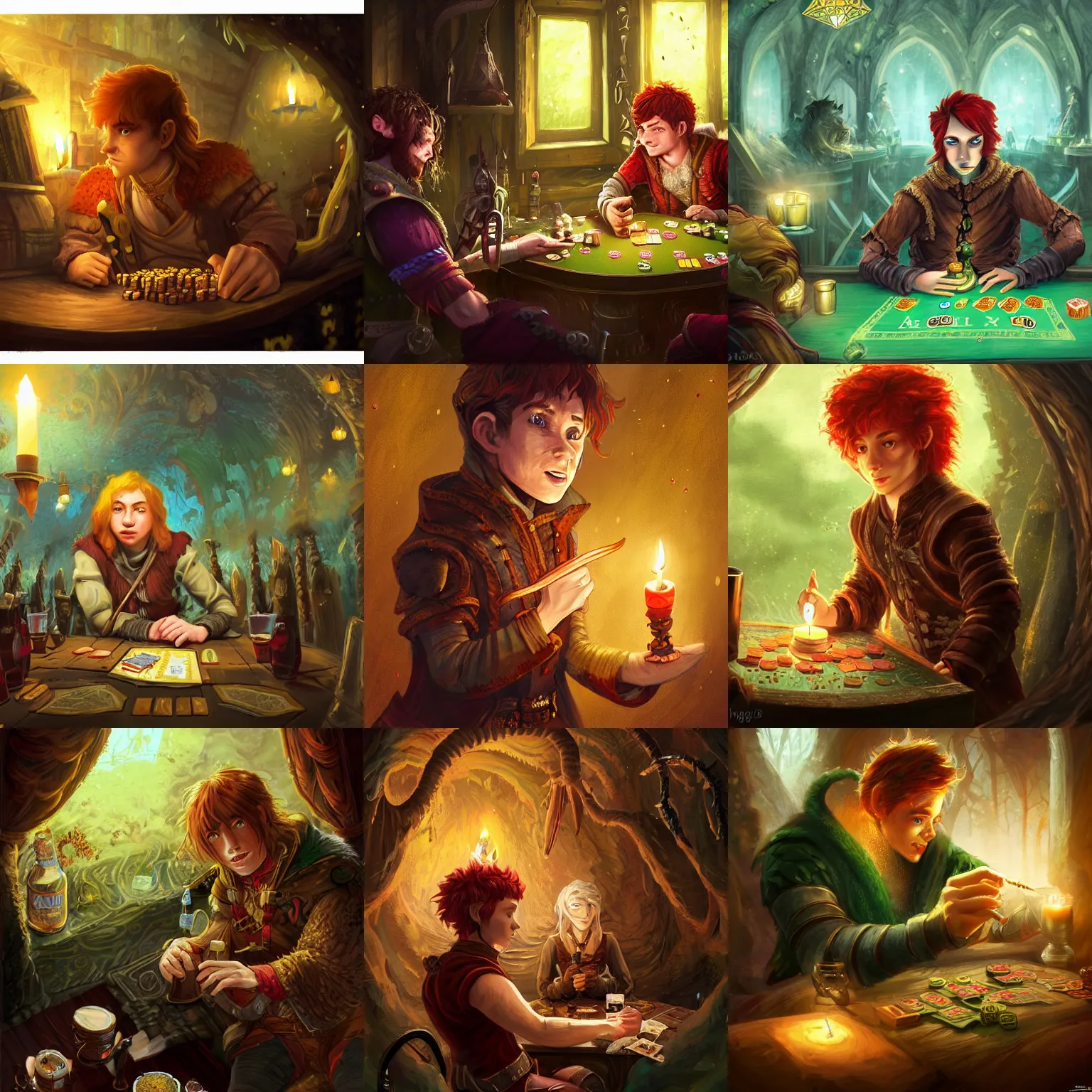 Prompt: 8k ultra high detailed illustration by Anato Finnstark of a 22 year old halfling male bard character from dungeons and dragons, rolling dice, gambling, red hair and red freckles!!!!!!!, ultra wide shot, green and brown clothes, crowded inn in the background, cozy candlelight, depth of field, multiple patrons drinking ale in the background