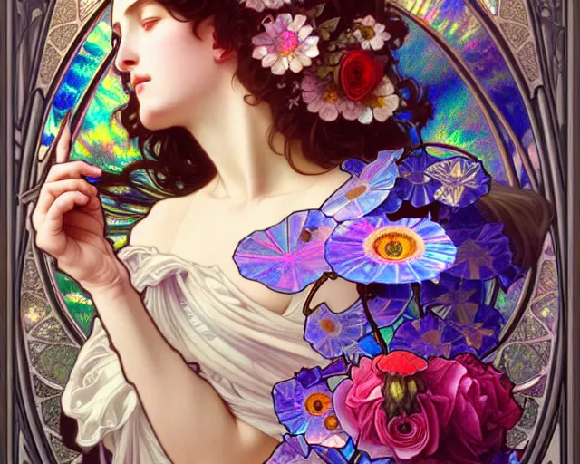 Image similar to overlord, rococo and art nouveau fusion, iridescent diaphanous refractive and reflective flower bouquet, tarot card, highly detailed, deep focus, elegant, digital painting, smooth, sharp focus, illustration, ultra realistic, 8 k, art by artgerm and alphonse mucha