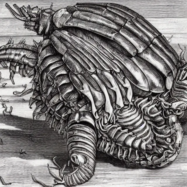 Image similar to a detailed, intricate drawing of a giant isopod on a beach, by albrecht durer