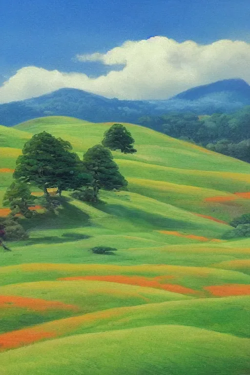 Image similar to Gorgeous rolling green hills in Japan, very detailed, focused, oil painting, colorful, canvas, artstation, Antoine Pierre Mongin