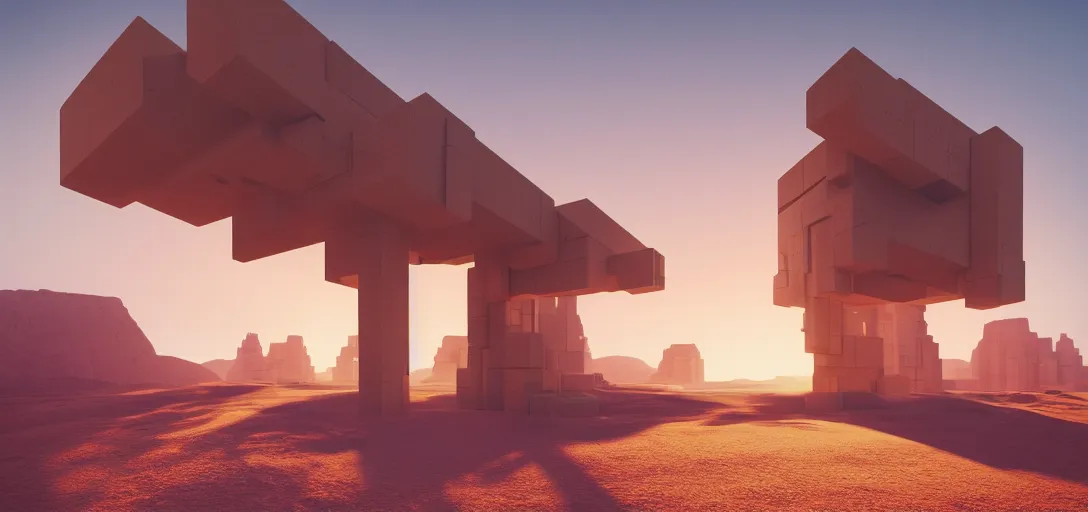 Image similar to view from the desert ground of futuristic blocky brutalist structure at dusk, the sun has just set, glowing heat haze, mirage, light rays, symmetry, cinematic lighting, ultra detailed, sharp, ambient occlusion, bloom, raytracing, by greg rutowski, finnian macmanus and jessica rossier